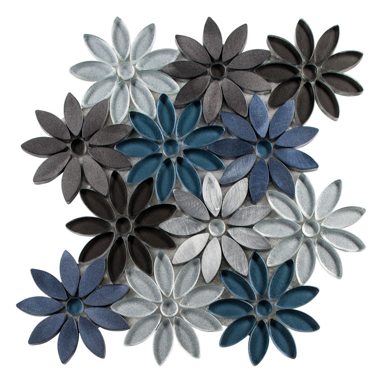 Fresh Blue and Black Flower Mosaic Tile Sheet