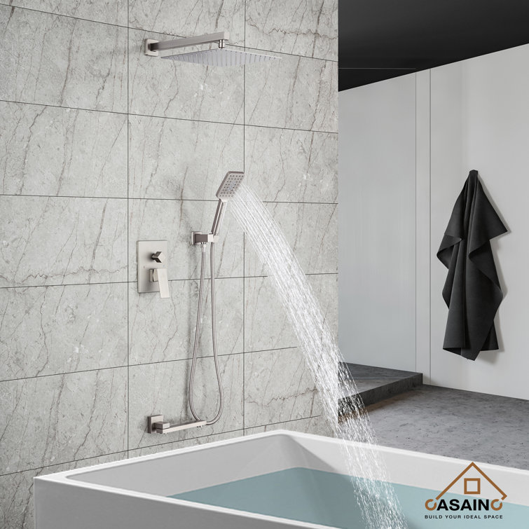 Brushed Nickel Wall Mounted Square Rain Shower System with Handheld