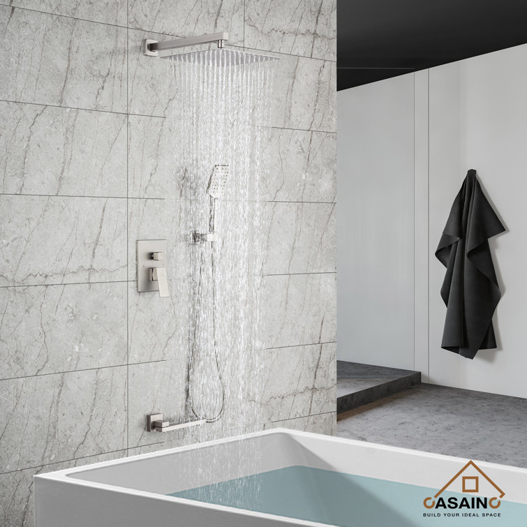 Brushed Nickel Wall Mounted Square Rain Shower System with Handheld