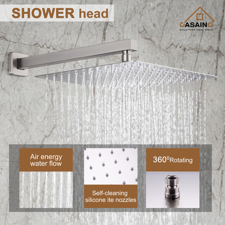 Brushed Nickel Wall Mounted Square Rain Shower System with Handheld