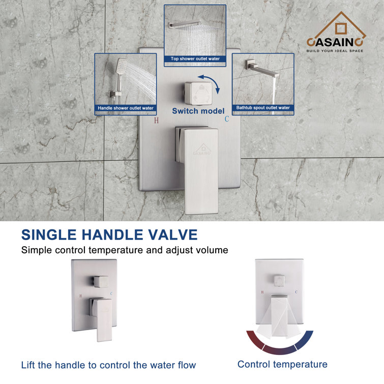 Brushed Nickel Wall Mounted Square Rain Shower System with Handheld
