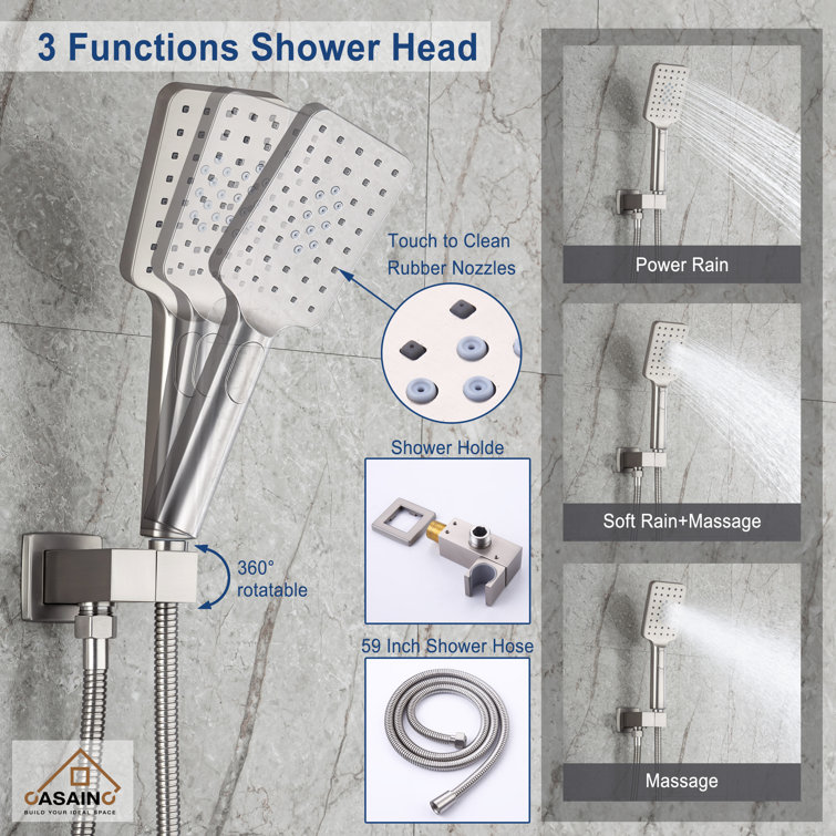 Brushed Nickel Wall Mounted Square Rain Shower System with Handheld