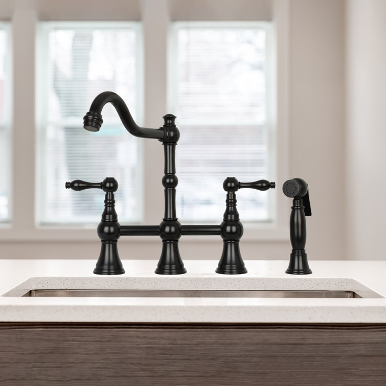 Matte Black Brass Bridge Kitchen Faucet with Pull-out Spray