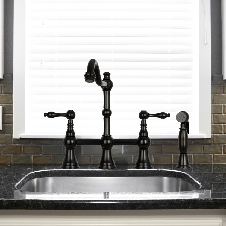 Matte Black Brass Bridge Kitchen Faucet with Pull-out Spray
