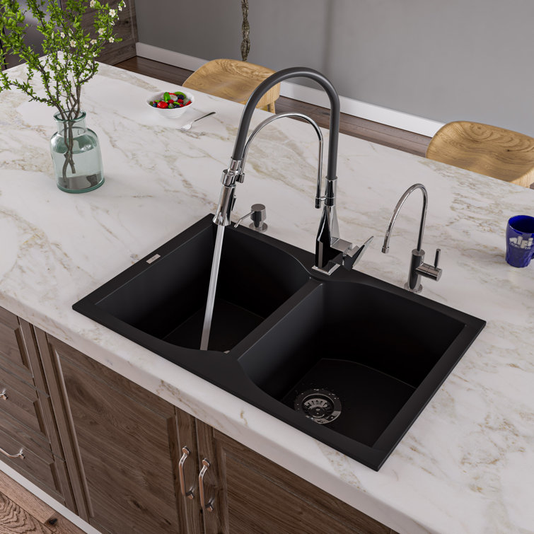 Black Granite Double Bowl Drop-In Kitchen Sink