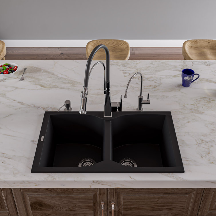 Black Granite Double Bowl Drop-In Kitchen Sink