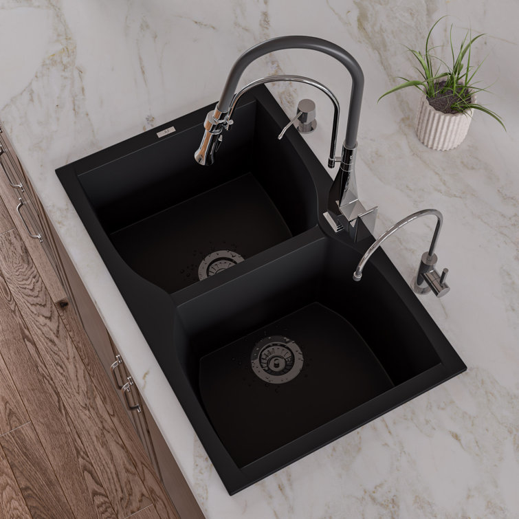 Black Granite Double Bowl Drop-In Kitchen Sink