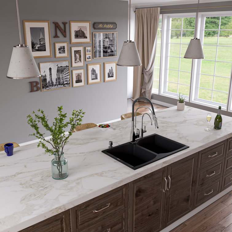 Black Granite Double Bowl Drop-In Kitchen Sink