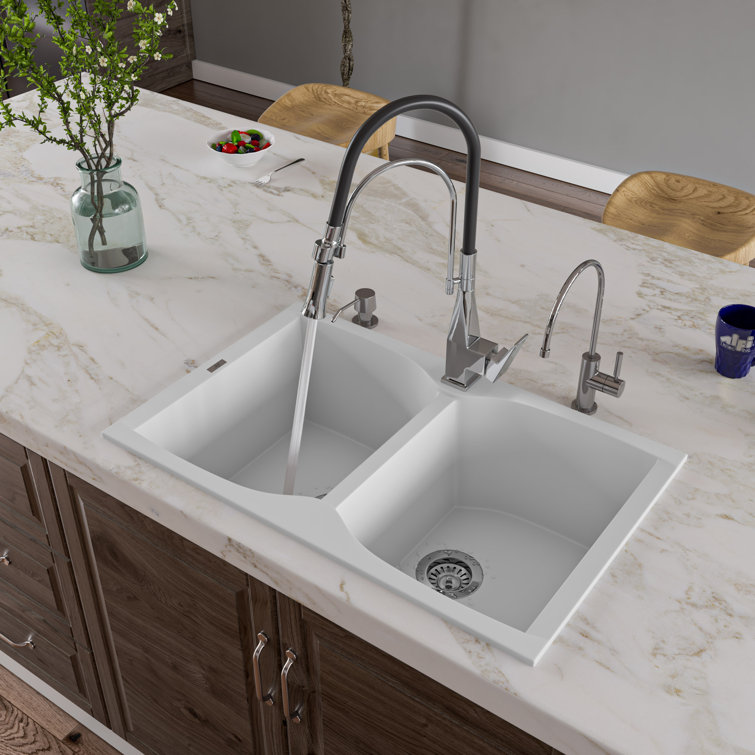 31.13'' White Granite Double Bowl Drop-In Kitchen Sink