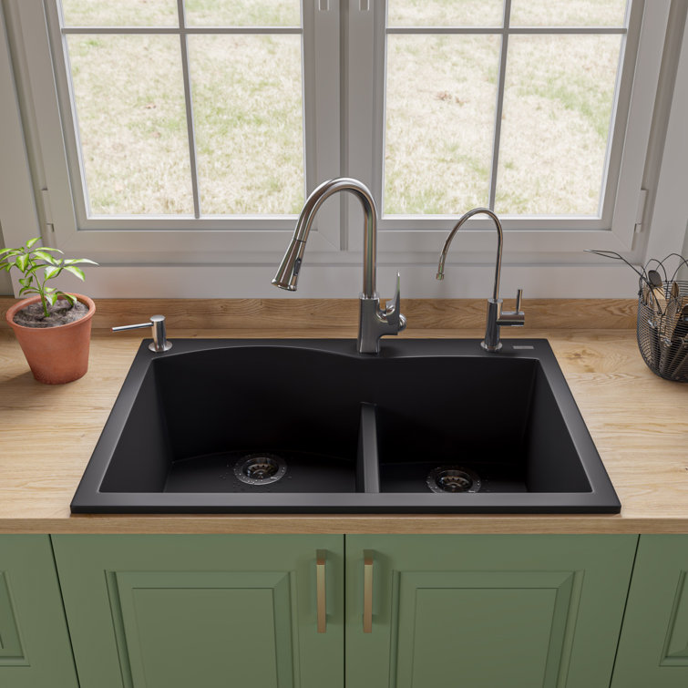 33'' Black Granite Double Bowl Drop-In Kitchen Sink