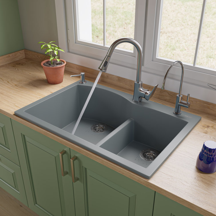 Titanium Gray Double Bowl Granite Kitchen Sink, 33 Inch