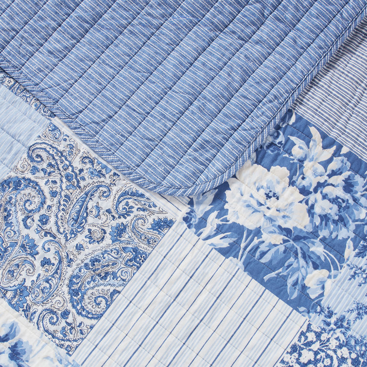 King Blue Cotton Reversible Patchwork Quilt Set