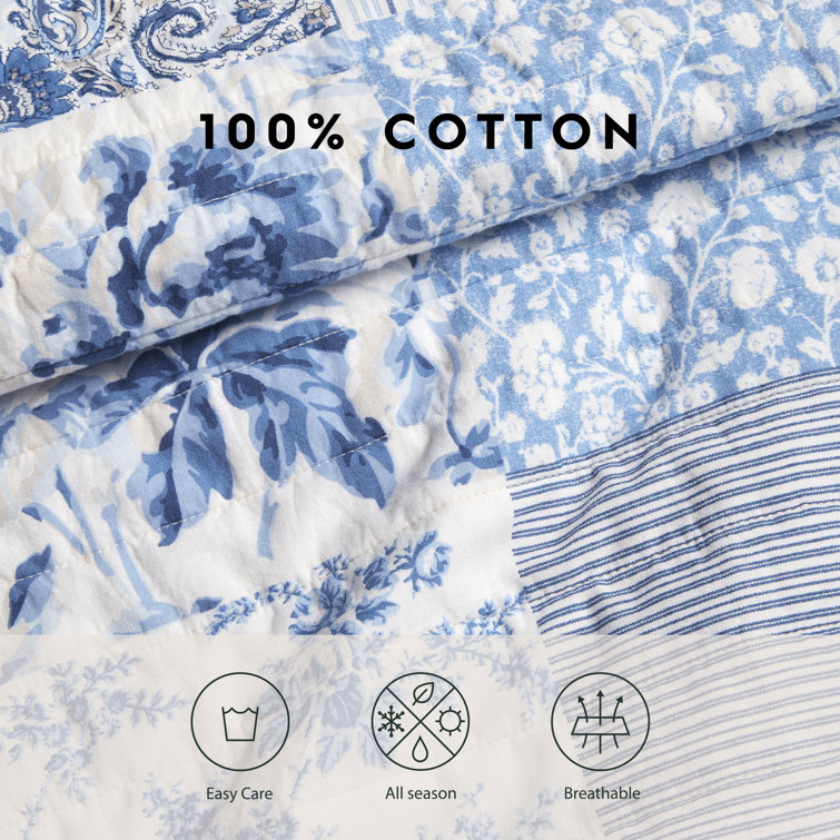 King Blue Cotton Reversible Patchwork Quilt Set