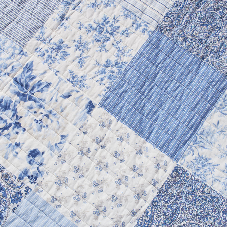 King Blue Cotton Reversible Patchwork Quilt Set