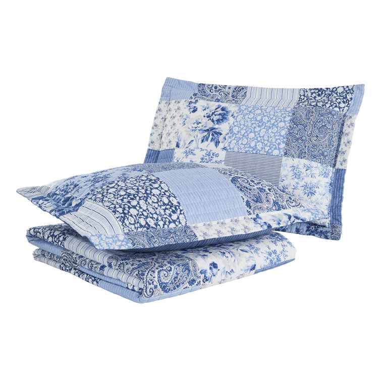 King Blue Cotton Reversible Patchwork Quilt Set