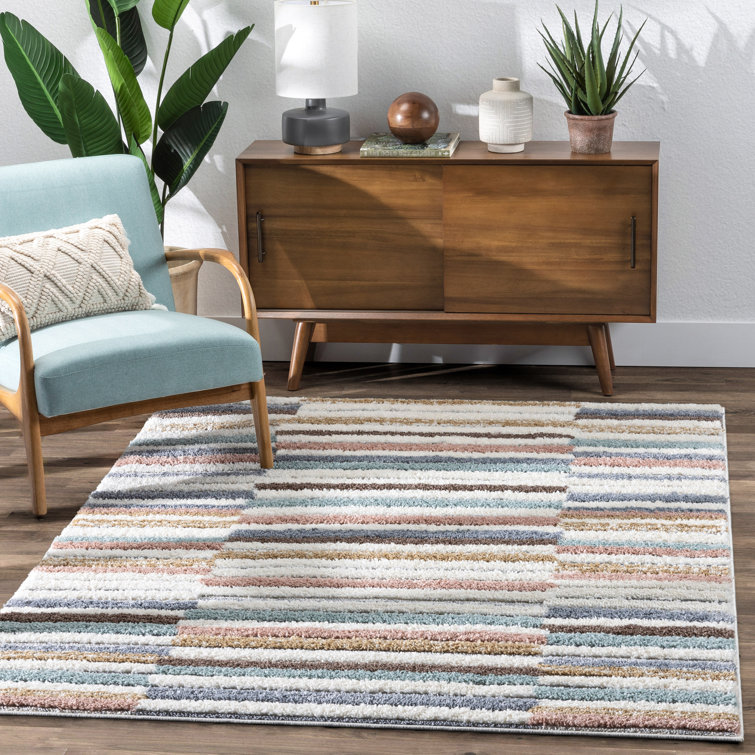 Light Blue Striped Reversible Shag Synthetic Rug 47" x 63"