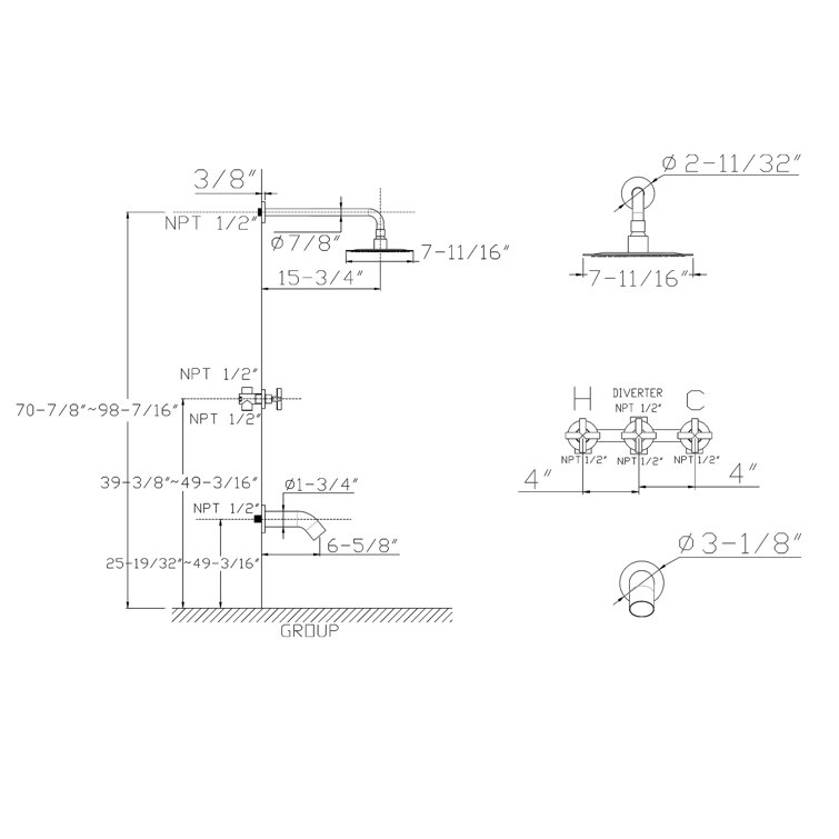 Brushed Nickel Rain Shower System with Triple Cross Handles