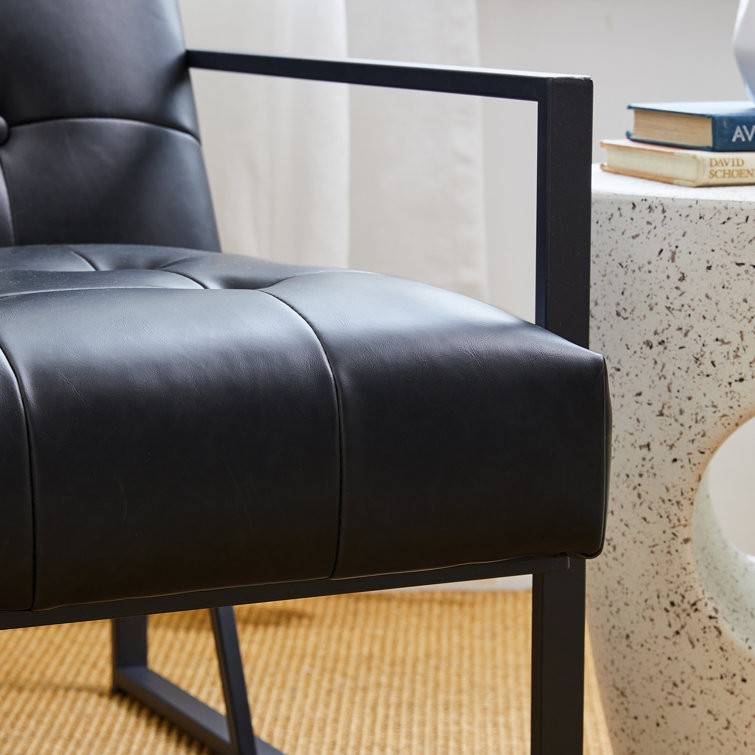 Modern Black Faux Leather Barrel Accent Chair with Metal Frame