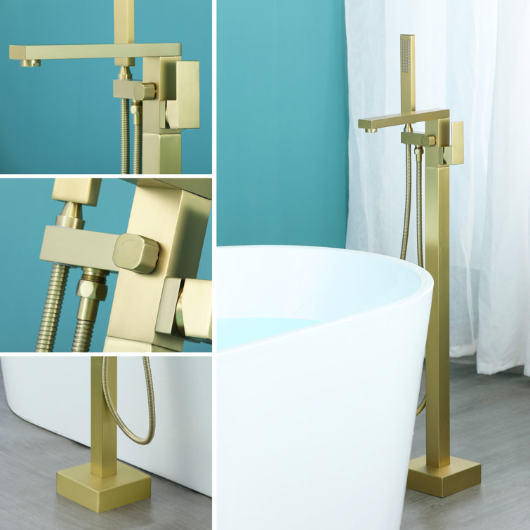 Brushed Gold Solid Brass Freestanding Tub Filler with Hand Shower