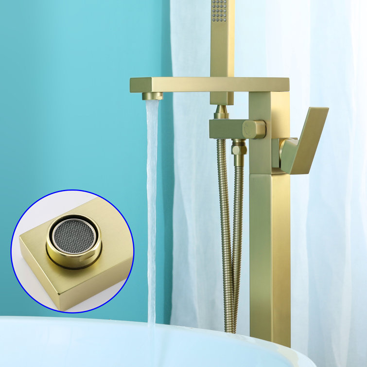 Brushed Gold Solid Brass Freestanding Tub Filler with Hand Shower