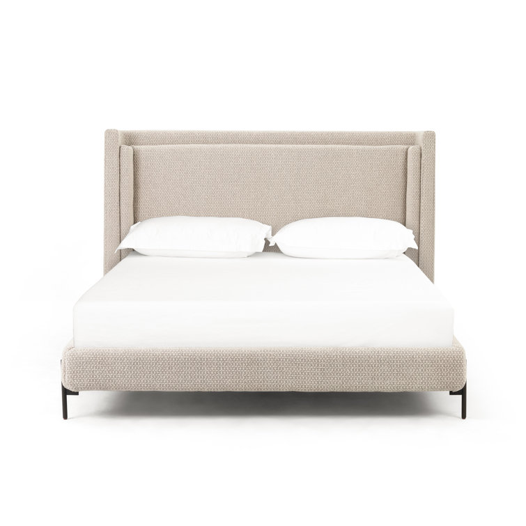 Queen Gunmetal and Oatmeal Upholstered Metal Bed with Slats