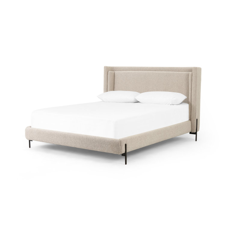 Queen Gunmetal and Oatmeal Upholstered Metal Bed with Slats