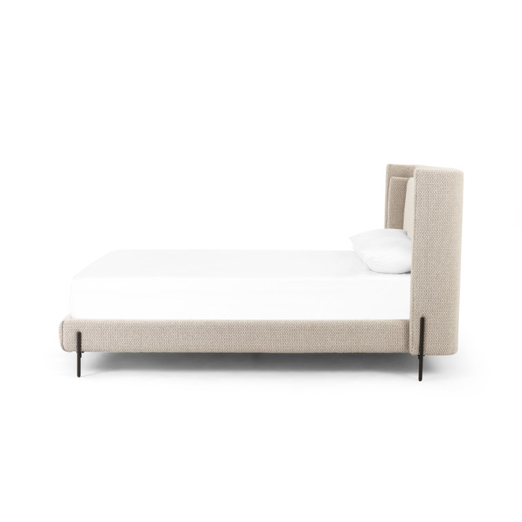 Queen Gunmetal and Oatmeal Upholstered Metal Bed with Slats