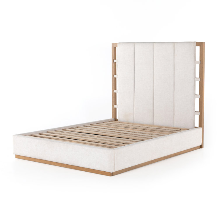 King Cream Upholstered Bed with Oak Frame and Headboard