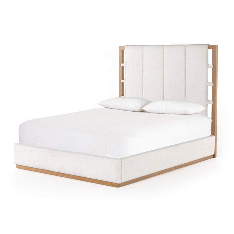 King Cream Upholstered Bed with Oak Frame and Headboard