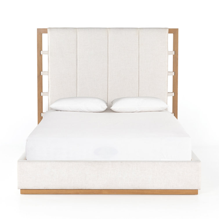 King Cream Upholstered Bed with Oak Frame and Headboard