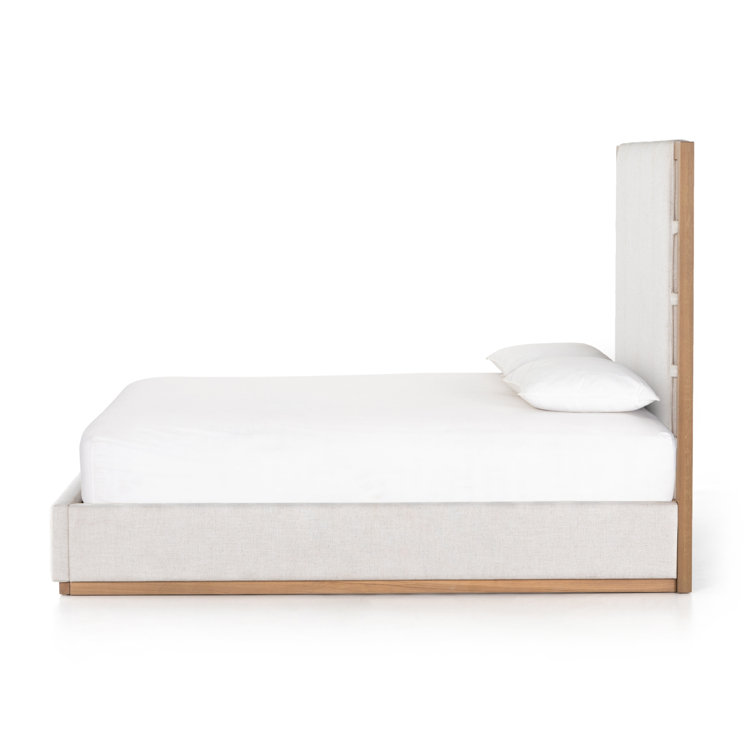 King Cream Upholstered Bed with Oak Frame and Headboard