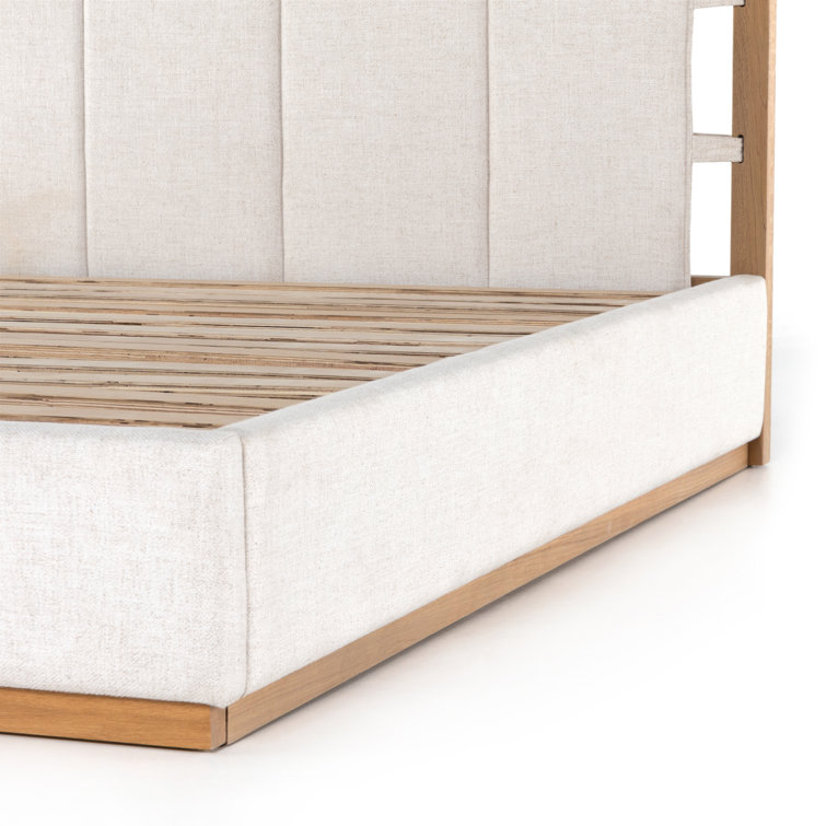King Cream Upholstered Bed with Oak Frame and Headboard