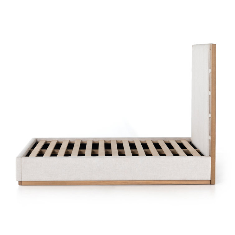 King Cream Upholstered Bed with Oak Frame and Headboard