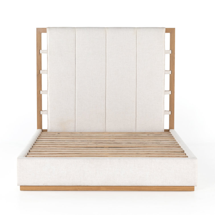 King Cream Upholstered Bed with Oak Frame and Headboard