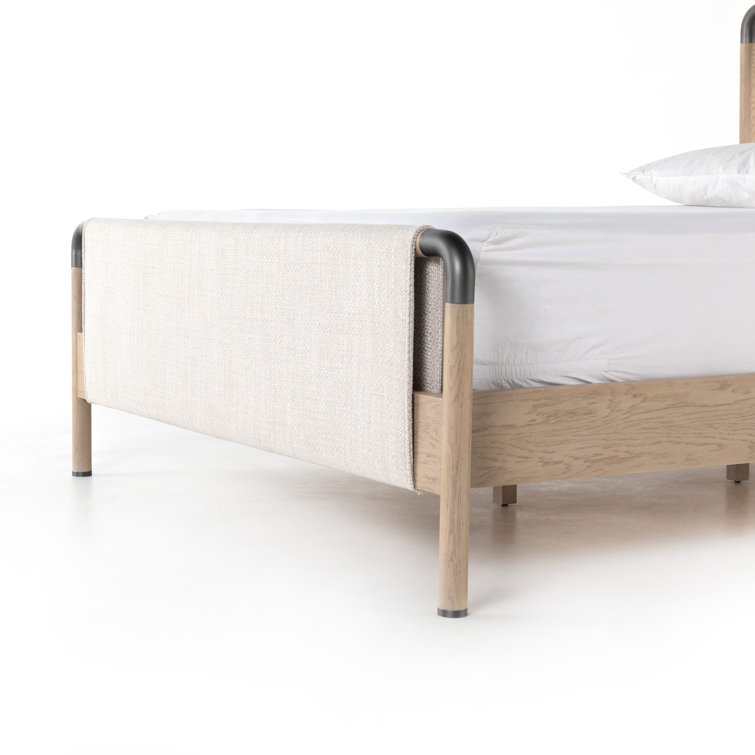 Cream Upholstered Queen Platform Bed with Oak Frame
