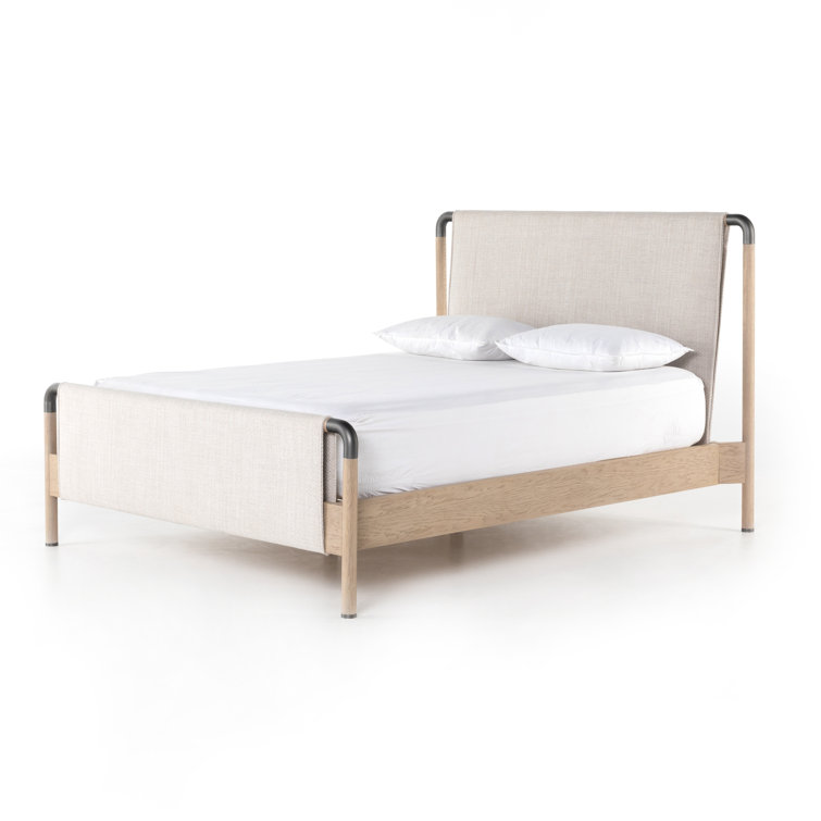Cream Upholstered Queen Platform Bed with Oak Frame