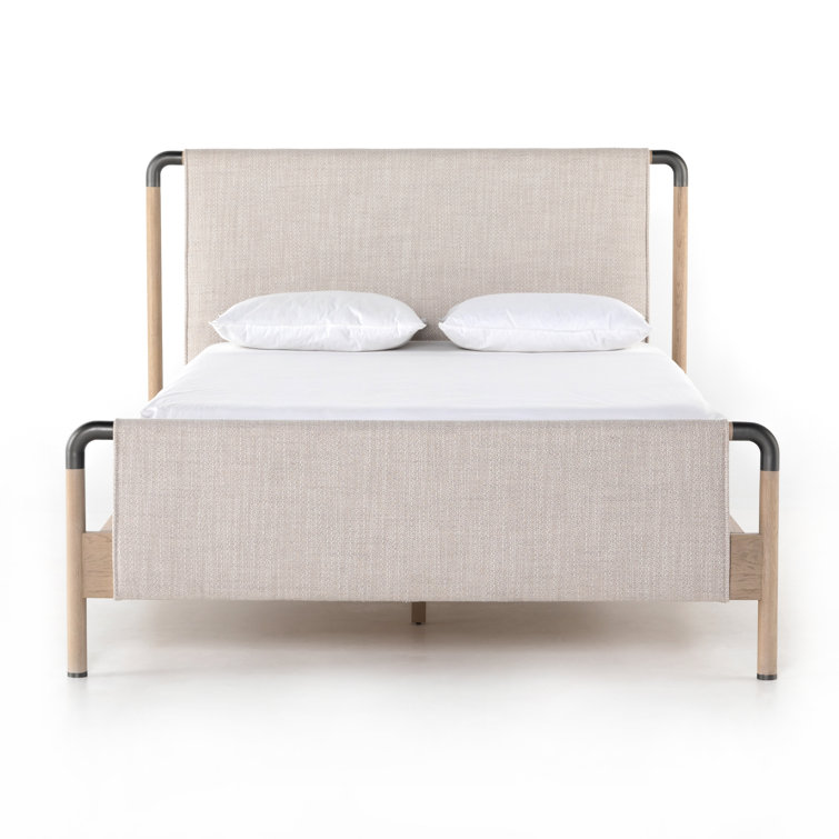 Cream Upholstered Queen Platform Bed with Oak Frame