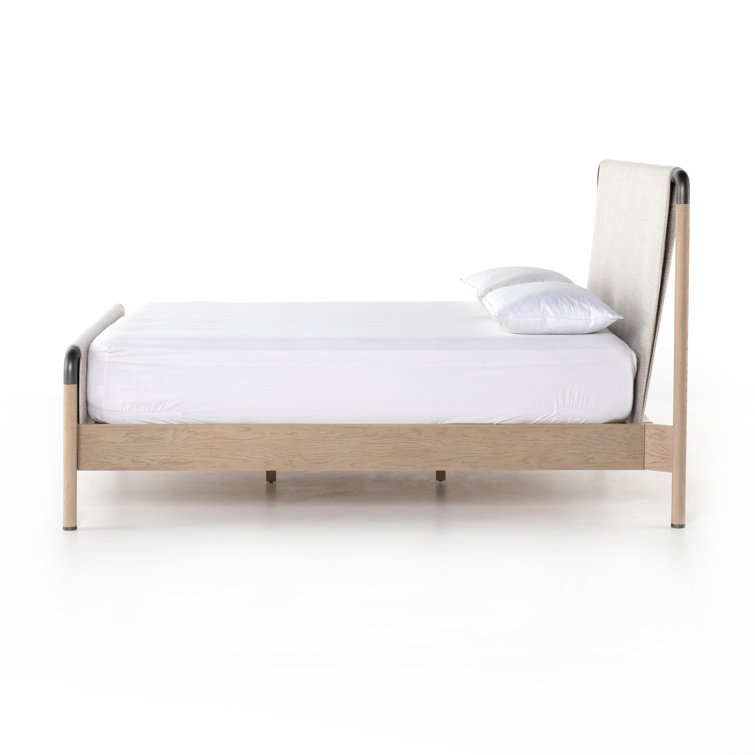 Cream Upholstered Queen Platform Bed with Oak Frame