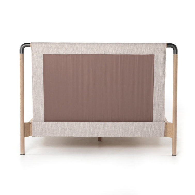 Cream Upholstered Queen Platform Bed with Oak Frame