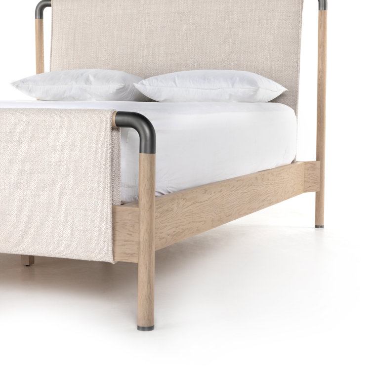 Cream Upholstered Queen Platform Bed with Oak Frame