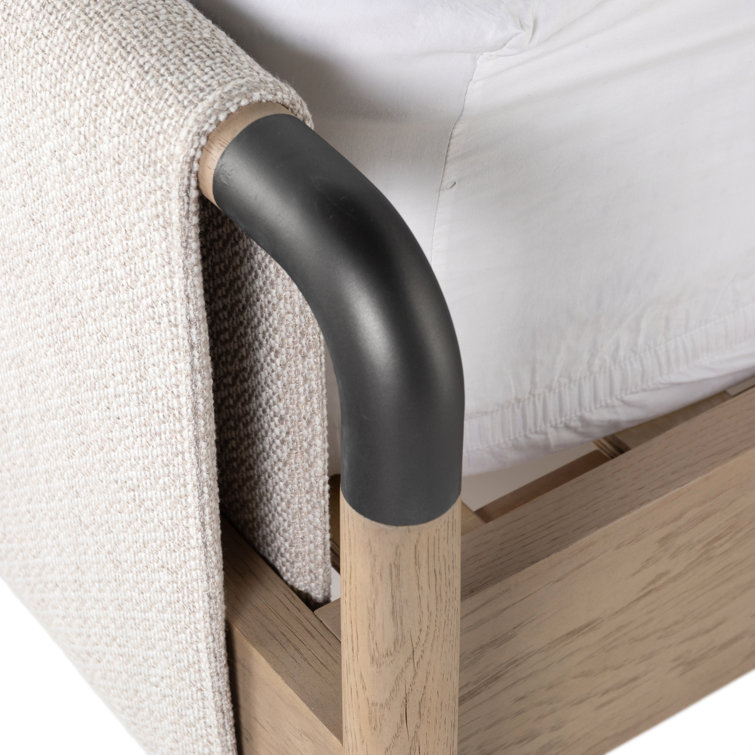 Cream Upholstered Queen Platform Bed with Oak Frame