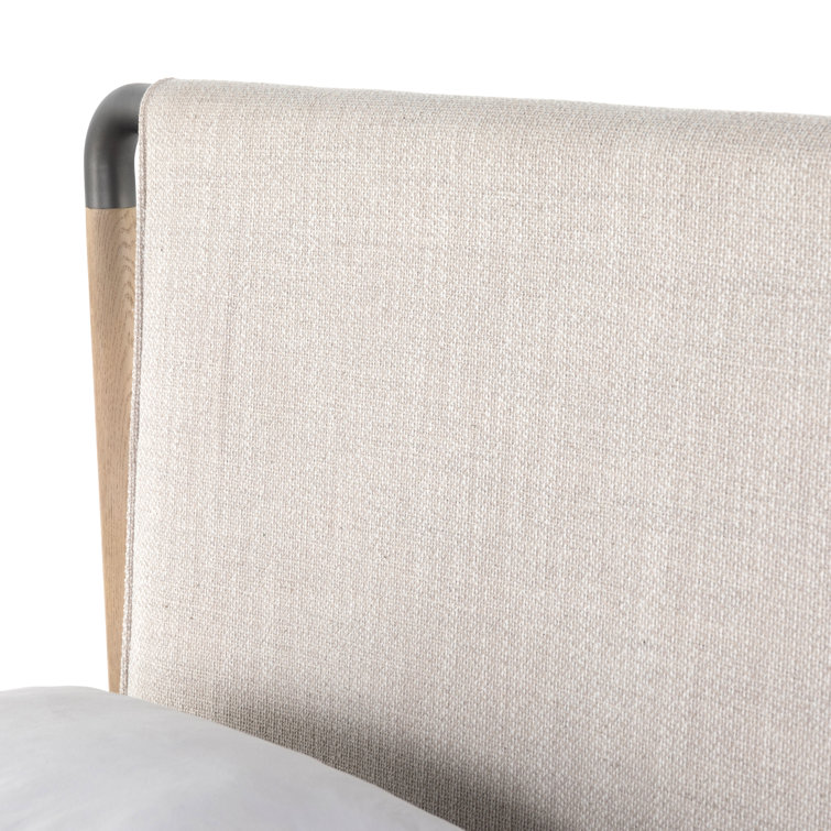 Cream Upholstered Queen Platform Bed with Oak Frame
