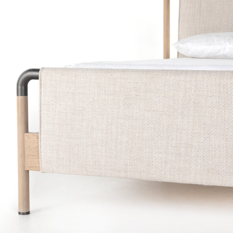 Cream Upholstered Queen Platform Bed with Oak Frame