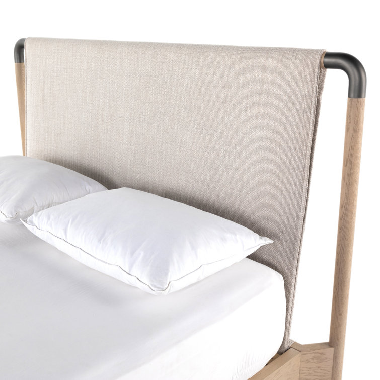 Cream Upholstered Queen Platform Bed with Oak Frame