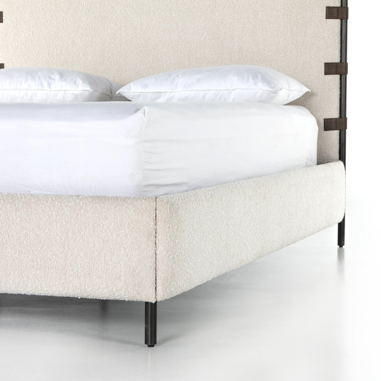 King Cream Upholstered Metal Frame Bed with Faux Leather Straps