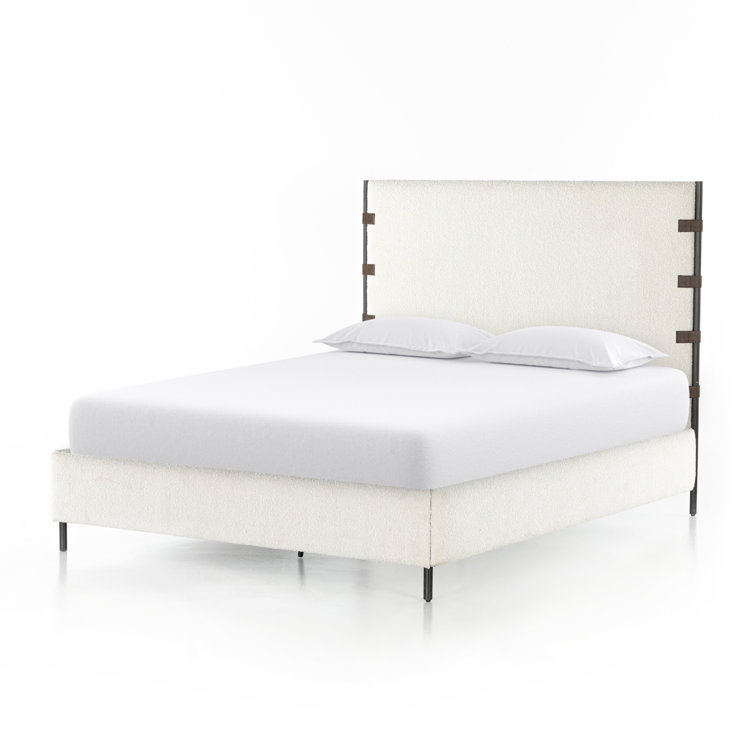 King Cream Upholstered Metal Frame Bed with Faux Leather Straps