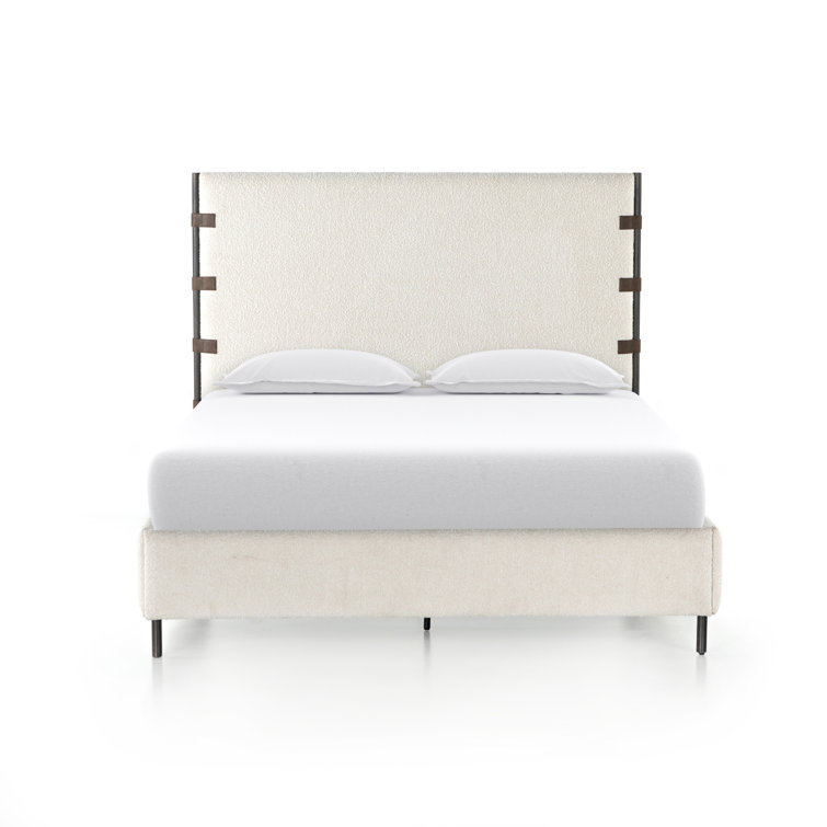King Cream Upholstered Metal Frame Bed with Faux Leather Straps