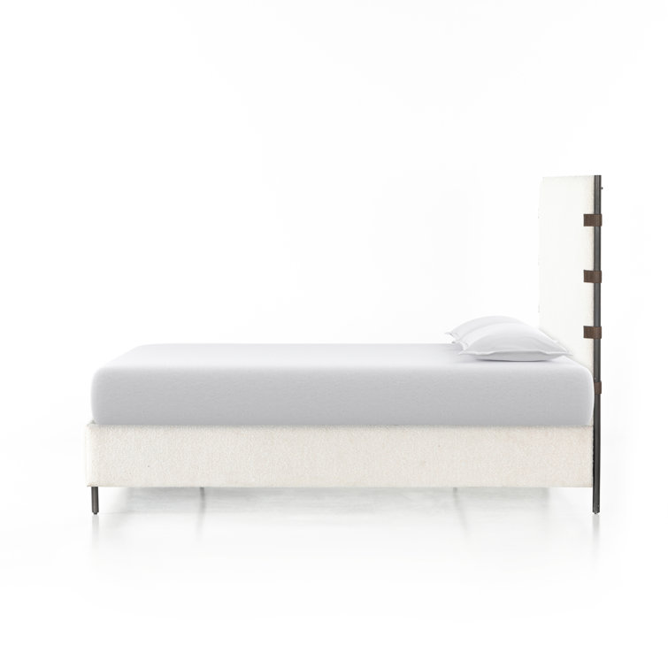 King Cream Upholstered Metal Frame Bed with Faux Leather Straps