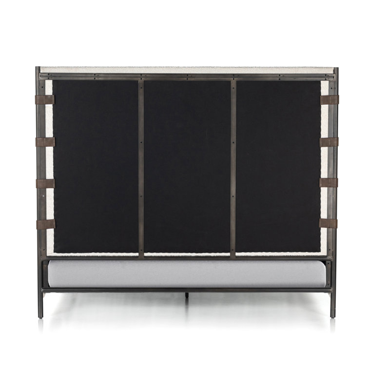 King Cream Upholstered Metal Frame Bed with Faux Leather Straps