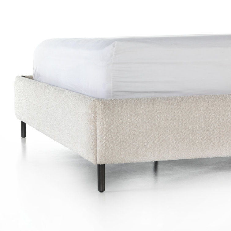 King Cream Upholstered Metal Frame Bed with Faux Leather Straps